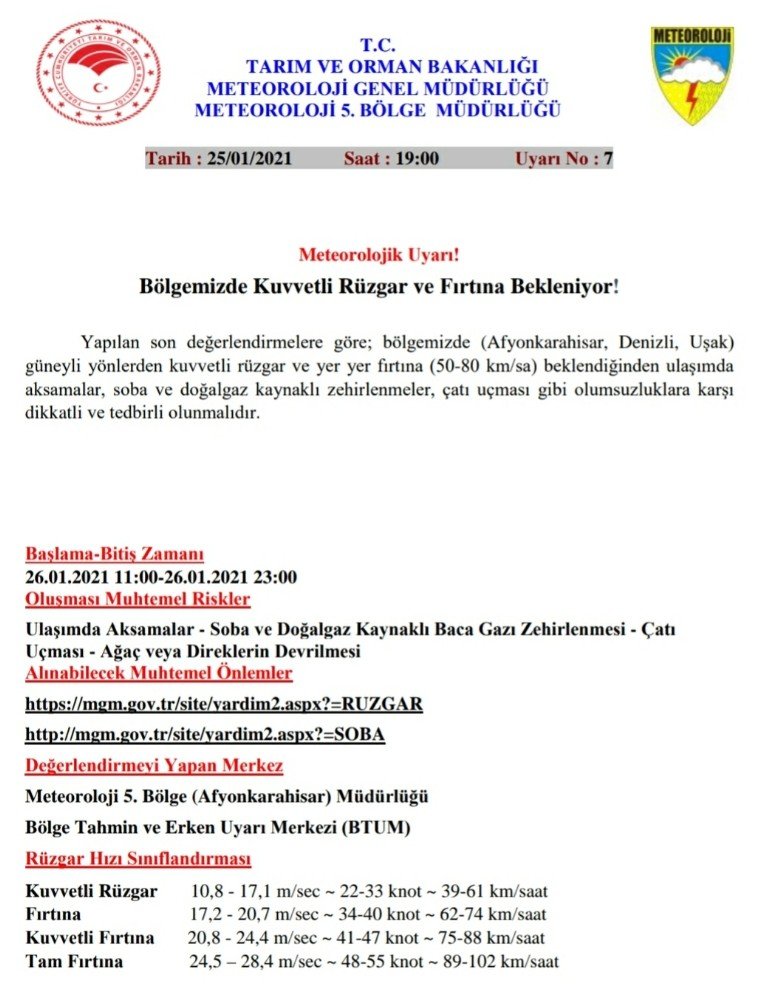 U�ak�ta �iddetli r�zgar ve f�rt�na uyar�s�